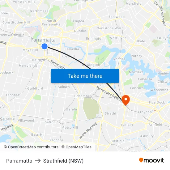 Parramatta to Strathfield (NSW) map