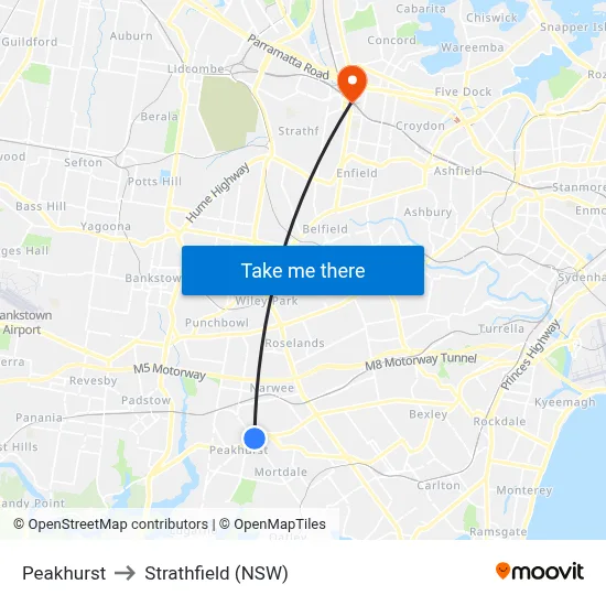 Peakhurst to Strathfield (NSW) map