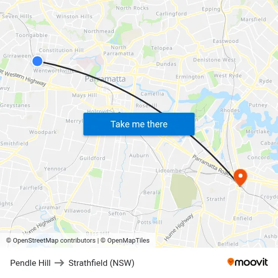 Pendle Hill to Strathfield (NSW) map