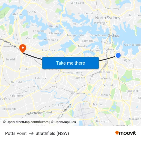 Potts Point to Strathfield (NSW) map