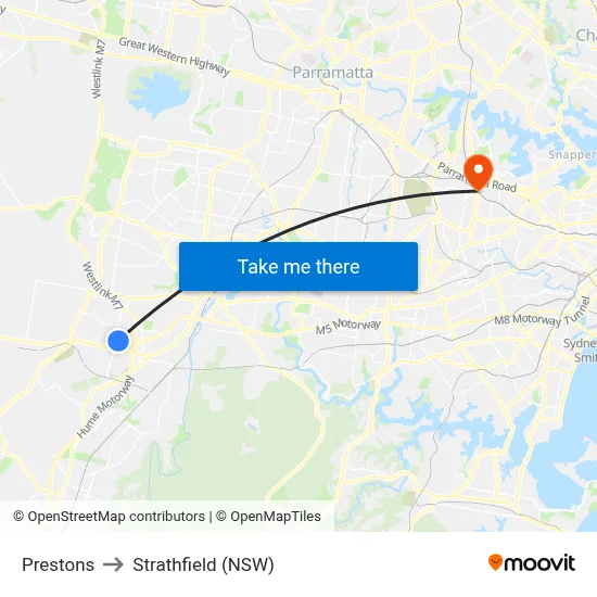 Prestons to Strathfield (NSW) map