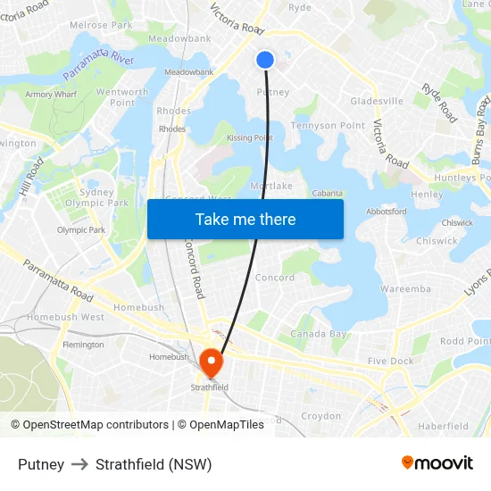 Putney to Strathfield (NSW) map