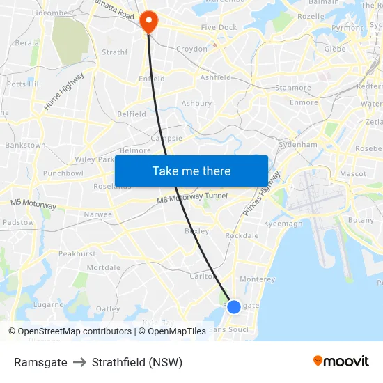Ramsgate to Strathfield (NSW) map