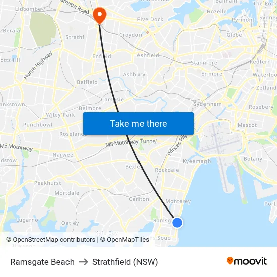 Ramsgate Beach to Strathfield (NSW) map