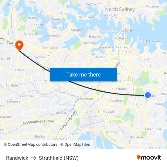 Randwick to Strathfield (NSW) map