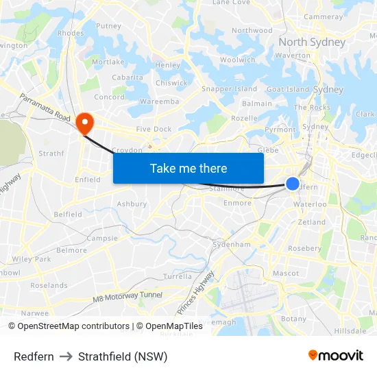 Redfern to Strathfield (NSW) map