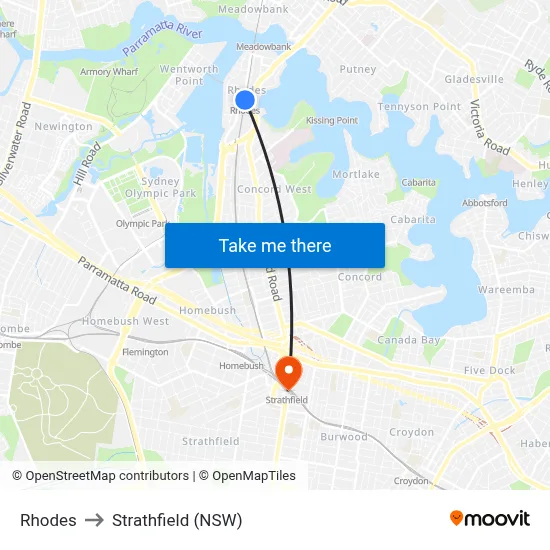 Rhodes to Strathfield (NSW) map