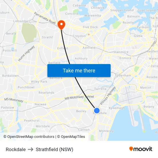 Rockdale to Strathfield (NSW) map