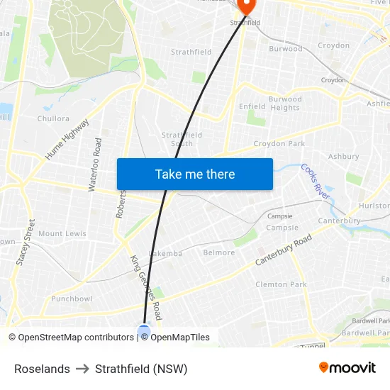 Roselands to Strathfield (NSW) map