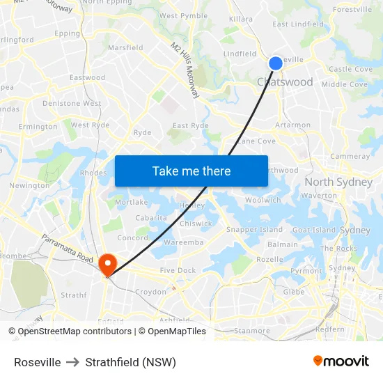 Roseville to Strathfield (NSW) map