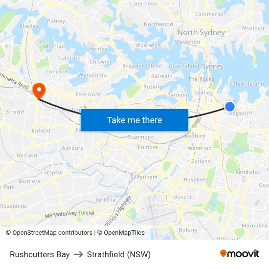 Rushcutters Bay to Strathfield (NSW) map
