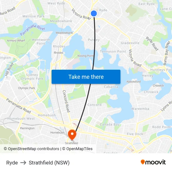 Ryde to Strathfield (NSW) map