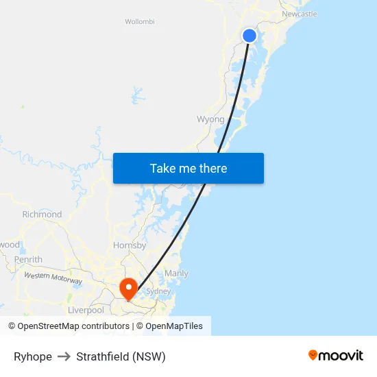 Ryhope to Strathfield (NSW) map