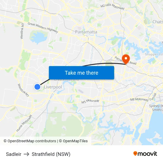 Sadleir to Strathfield (NSW) map