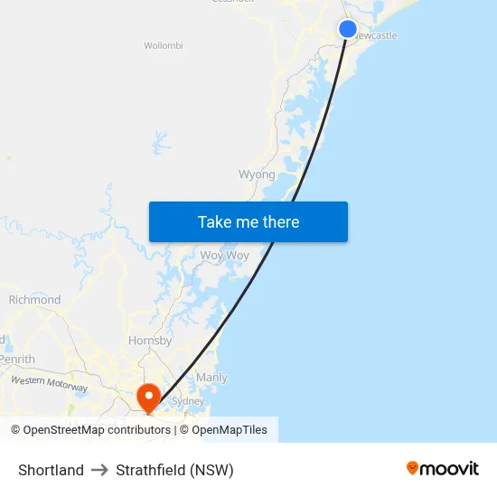 Shortland to Strathfield (NSW) map