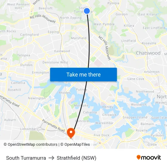 South Turramurra to Strathfield (NSW) map