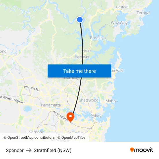 Spencer to Strathfield (NSW) map
