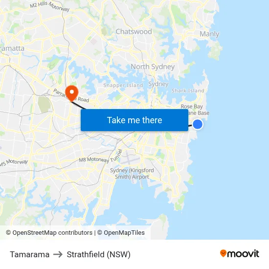 Tamarama to Strathfield (NSW) map