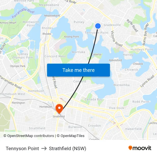 Tennyson Point to Strathfield (NSW) map