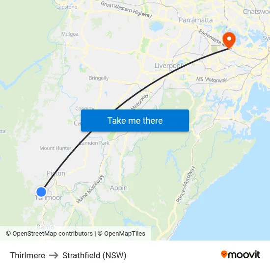 Thirlmere to Strathfield (NSW) map