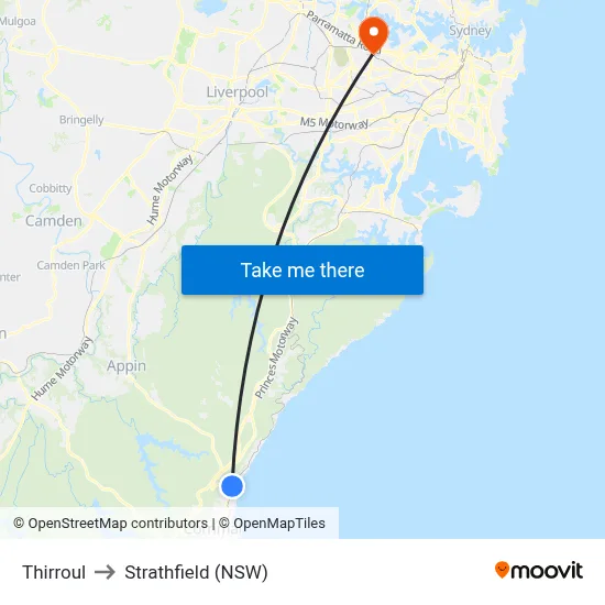 Thirroul to Strathfield (NSW) map