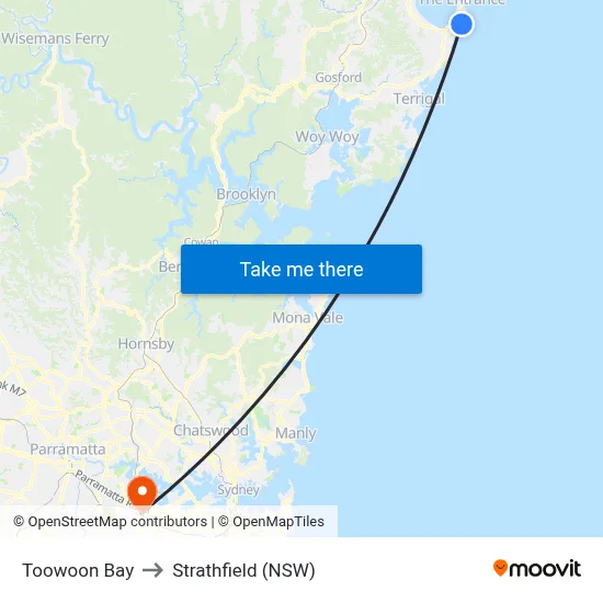 Toowoon Bay to Strathfield (NSW) map