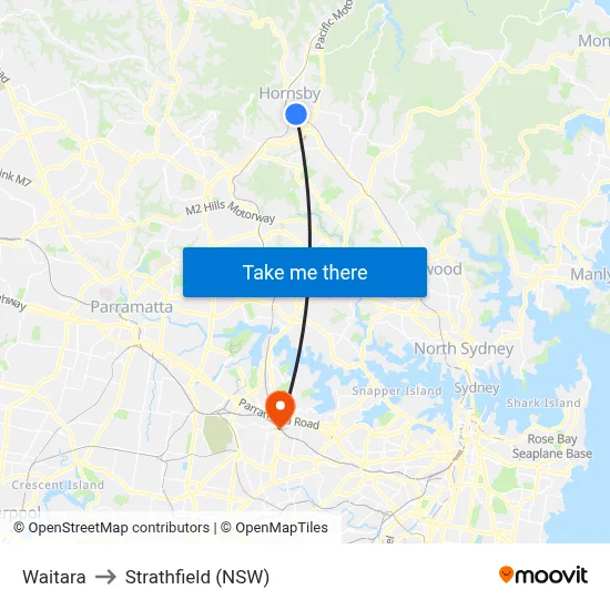 Waitara to Strathfield (NSW) map