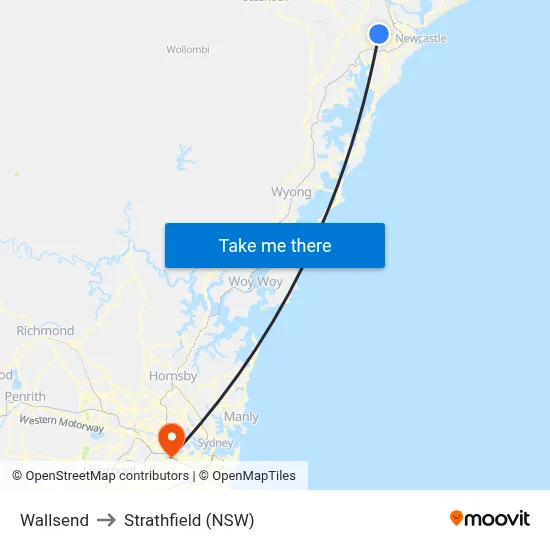 Wallsend to Strathfield (NSW) map