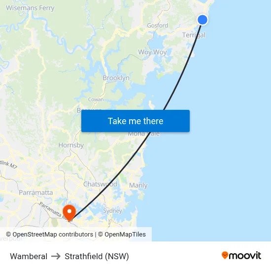 Wamberal to Strathfield (NSW) map