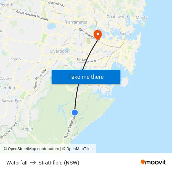 Waterfall to Strathfield (NSW) map