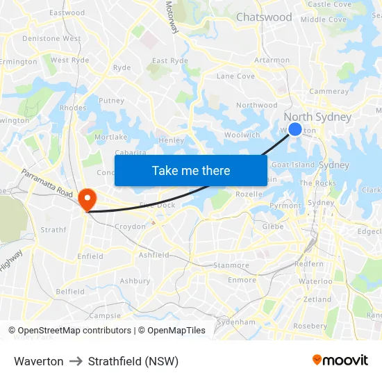 Waverton to Strathfield (NSW) map