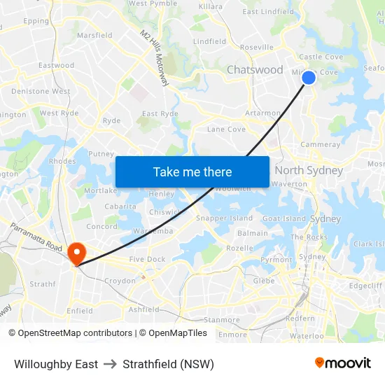 Willoughby East to Strathfield (NSW) map