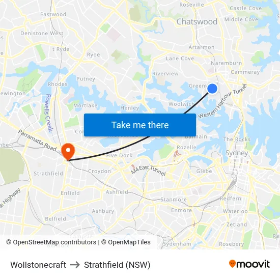 Wollstonecraft to Strathfield (NSW) map