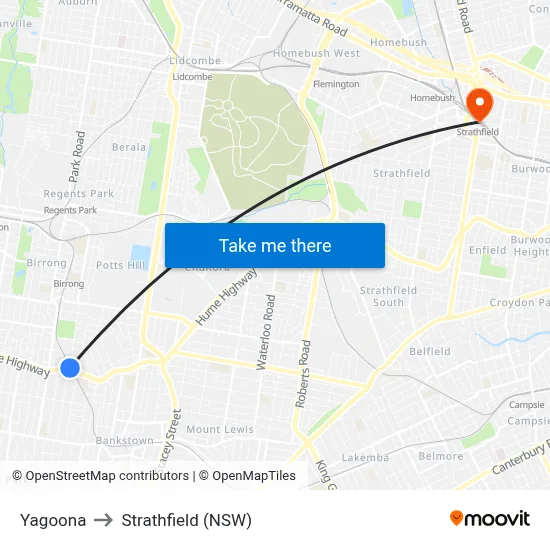Yagoona to Strathfield (NSW) map