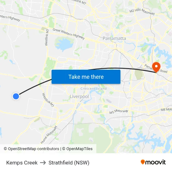 Kemps Creek to Strathfield (NSW) map