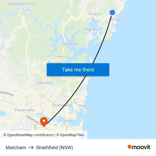 Matcham to Strathfield (NSW) map