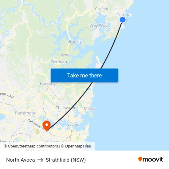 North Avoca to Strathfield (NSW) map