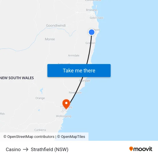 Casino to Strathfield (NSW) map