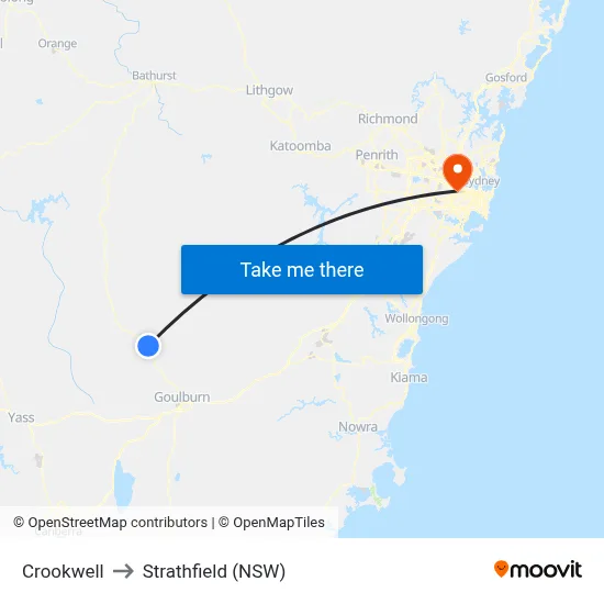 Crookwell to Strathfield (NSW) map