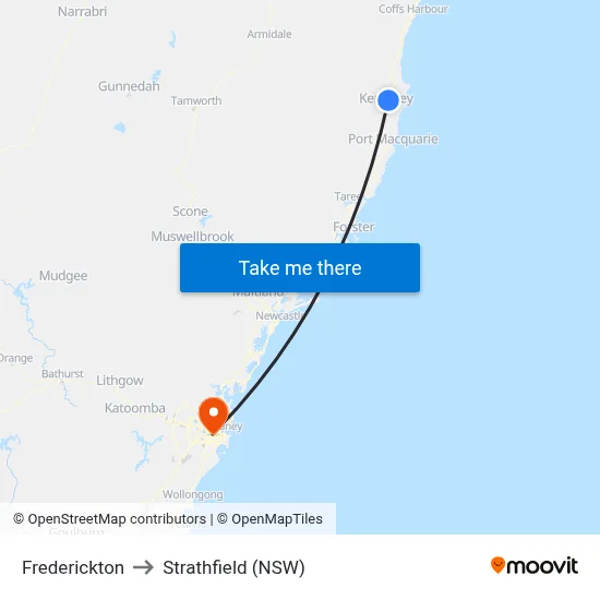 Frederickton to Strathfield (NSW) map