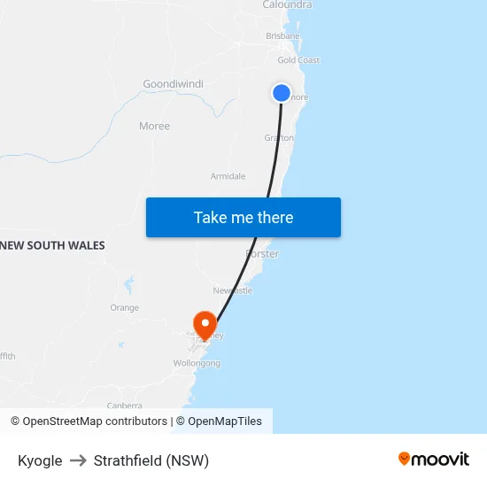 Kyogle to Strathfield (NSW) map