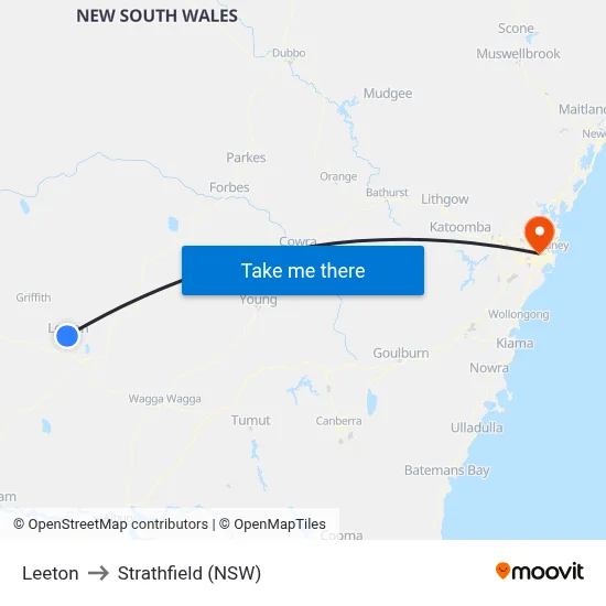 Leeton to Strathfield (NSW) map