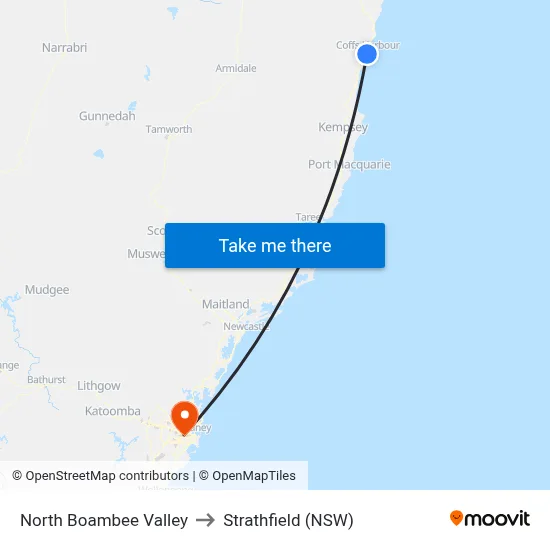 North Boambee Valley to Strathfield (NSW) map