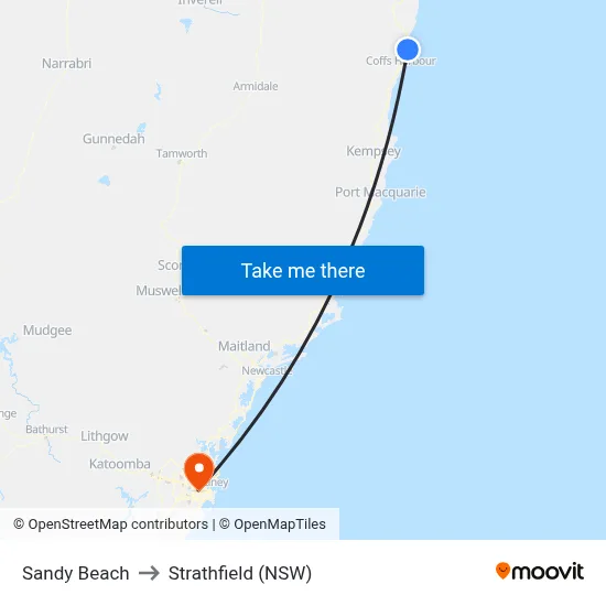 Sandy Beach to Strathfield (NSW) map
