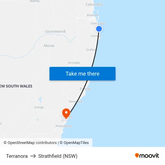 Terranora to Strathfield (NSW) map