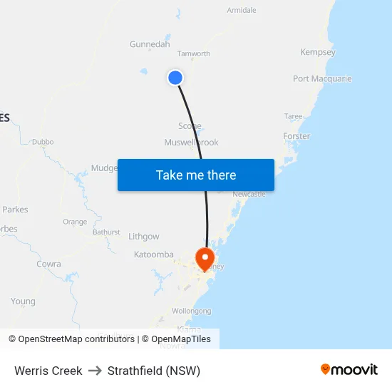 Werris Creek to Strathfield (NSW) map