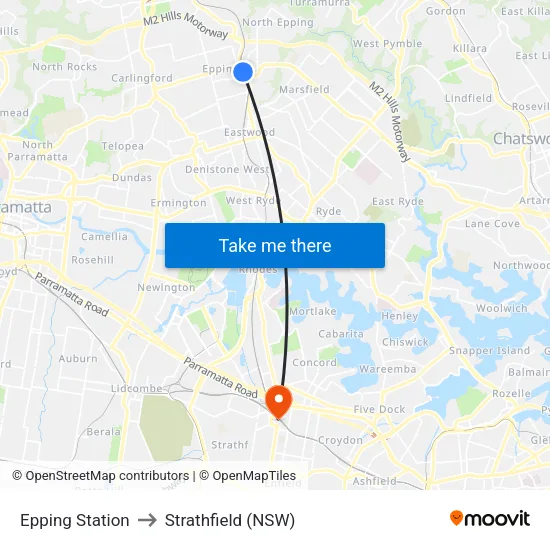 Epping Station to Strathfield (NSW) map