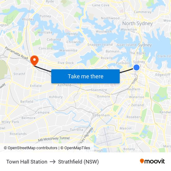 Town Hall Station to Strathfield (NSW) map