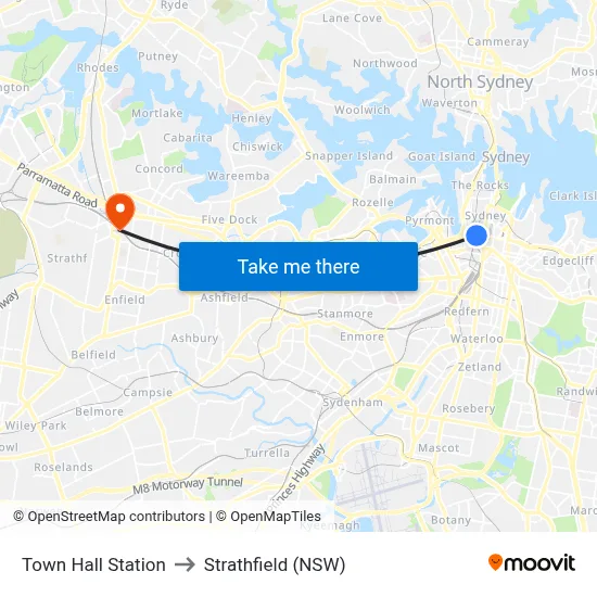 Town Hall Station to Strathfield (NSW) map