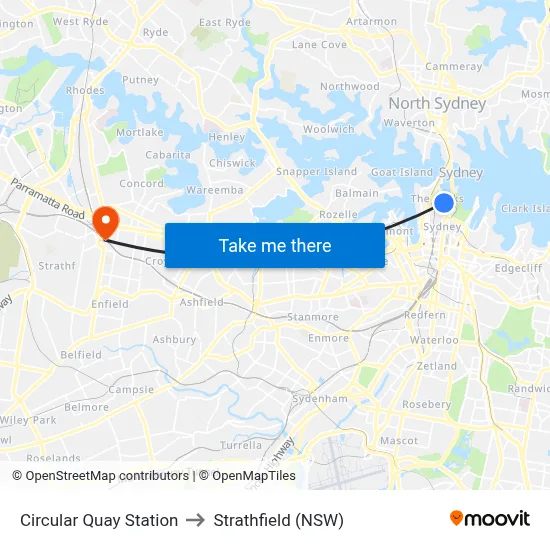 Circular Quay Station to Strathfield (NSW) map